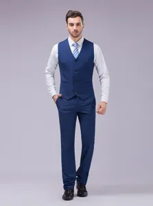 Full-body view of professional blue suit vest and matching trousers set