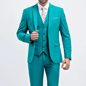 Men's slim fit 3-piece turquoise suit with jacket, vest, and trousers for weddings.