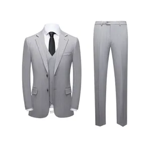 Men Slim Fit Suit Blazer Vest And Pants Set Light Gray Pinstripe Korean Business Wedding Photography Formal Party Outfit