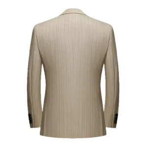 Rear view of a men's slim fit light khaki striped suit jacket with textured fabric detail.