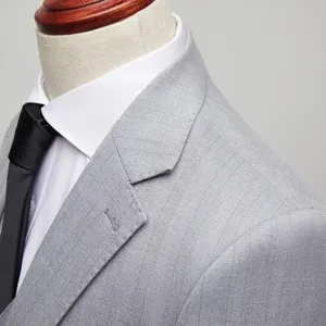 Elegant light gray pinstripe men's suit jacket with white shirt and black tie