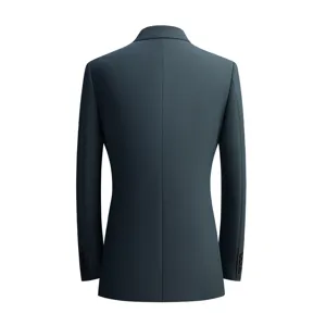 Back view of a slim fit men's business casual suit jacket in dark teal green.