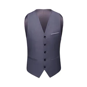 Front detail view of men's grey business suit vest featuring a slim-fit V-neck
