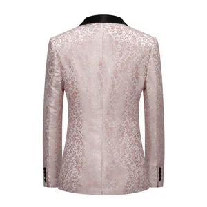 Professional back view of a slim fit pink floral jacquard men's blazer featuring a black lapel