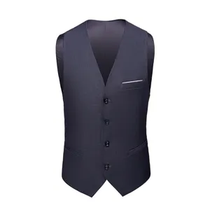 Detailed view of a dark charcoal men's suit vest with V-neck and four buttons