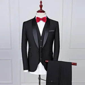 Elegant black 3-piece men's tuxedo suit with satin shawl lapel and red bowtie