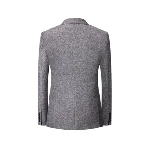 Back view of a premium men's gray textured slim fit casual business blazer suit jacket