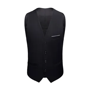 A detailed close-up shot of a classic black men's slim fit suit vest with four buttons
