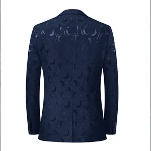 Back view of a stylish navy blue slim fit men's suit jacket with rose jacquard pattern