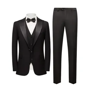 Professional men's black three-piece tuxedo suit set with satin lapel for formal events