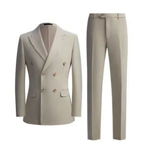 Elegant beige men's slim fit suit set with double-breasted blazer and formal trousers.