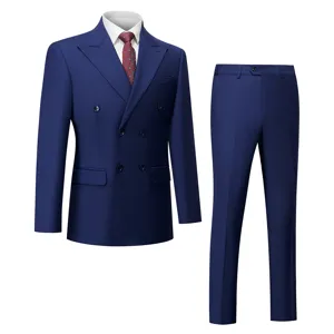 Slim fit double-breasted navy blue men's suit set including jacket and trousers for business