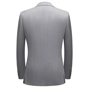 Back view of a light gray slim fit men's striped suit jacket on white background