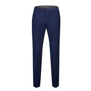Classic navy blue men's formal suit trousers with straight slim fit for weddings.