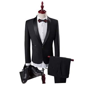Professional black men's slim fit suit set with shawl lapel blazer white shirt and shoes