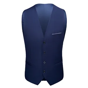 Formal slim fit dark blue men's suit vest with four-button closure and classic V-neck style
