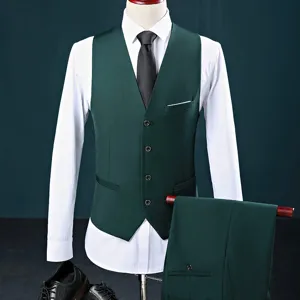 Elegant dark green men's slim fit suit vest and matching trousers set for business