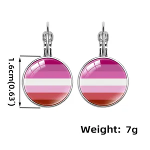 Detailed view of lesbian pride flag pattern earrings with 1.6cm diameter measurement