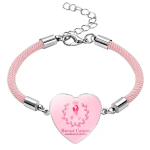 Pink Ribbon Breast Cancer Awareness Heart Bracelet Braided Cord Glass Pendant Charm Bracelet Charity Support Jewelry