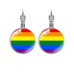 Metal Time Gem Glass French Leverback Earrings LGBTQ Pride Flag Pattern Fashion Jewelry Daily Accessories For Women Gift