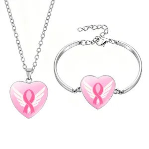 Set di gioielli con nastro rosa per cancro al seno inclusi collana e bracciale con cuore