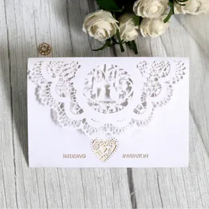 European Laser Cut Wedding Invitations Cards With Hollow Lace Bird Heart Design Pearlescent Paper Invitation Envelope Bow