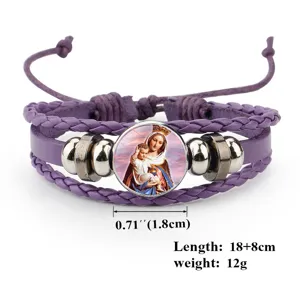 Macro view of purple cowhide bracelet featuring Mary icon and length measurements