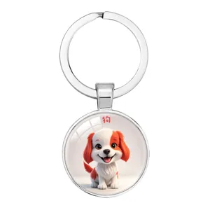 Lindo llavero de perro del zodiaco de dibujos animados con aro de metal plateado brillante