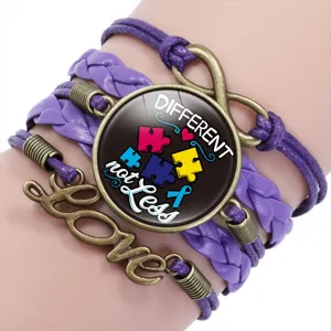 Detailed view of autism awareness purple braided bracelet with Different not Less charm