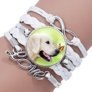 Multi-Layer Braided Leather Bracelet Cute Dog Time Gemstone Glass Pendant Alloy Fashion Jewelry Gift For Women Men