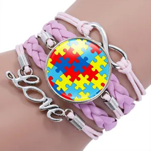 Autism Awareness Multi-layer Woven Bracelet Alloy Glass Gemstone Adjustable Friendship Jewelry Gift For Women