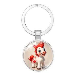 Lindo llavero de caballo del zodiaco con colgante de anillo de metal redondo plata