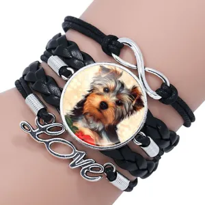 Multi-layer braided leather bracelet with Yorkie dog gem pendant and Love metal charm
