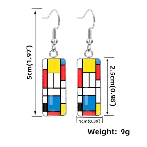 Macro view of geometric color block earrings with 5cm length and weight specifications