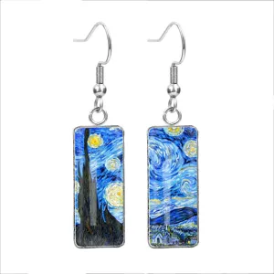 Stainless Steel Oil Painting Rectangular Dangle Earrings Starry Sky Art Drop Earrings Fashion Jewelry Gift For Women