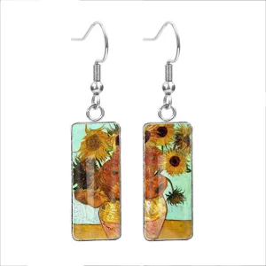 Artistic stainless steel rectangular drop earrings with Van Gogh Sunflower painting design