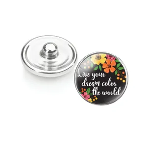 Détail de boutons-pression en verre décorés de fleurs et citation inspirante