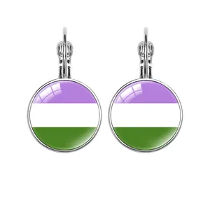 Detail of genderqueer pride flag earrings with silver-tone lever-back hooks