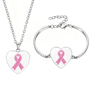 Donne Consapevolezza Cancro al Seno Cuore Nastro Pendente Collana E Bracciale In Lega Set di Gioielli Rosa Argento