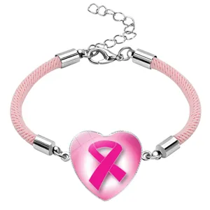 Breast cancer awareness pink ribbon heart charm bracelet with braided rope cord
