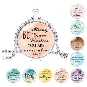 Vintage Inspirational Bible Verse Glass Pendant Necklace Long Alloy Bead Chain Sweater Necklace Unisex Fashion Jewelry