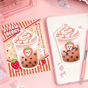 Notas adhesivas kawaii de té de leche con fresa y diseño de boba en cuaderno rosa