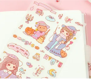 Gros plan d'autocollants de fille de dessin animé avec thèmes de magie et citrouille