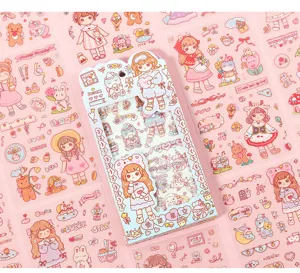 Vue détaillée d'autocollants en PVC imperméables de fille de dessin animé pour scrapbooking.