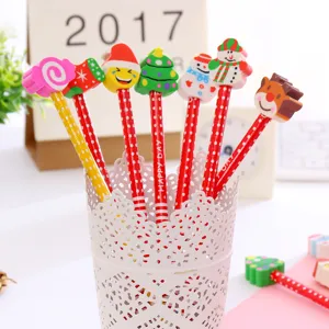 Set of Christmas cartoon pencils with cute festive erasers for kids' stationery gifts