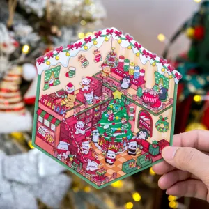 Primo piano di un adesivo 3D per casa di Natale con una simpatica scena di pasticceria cartoon