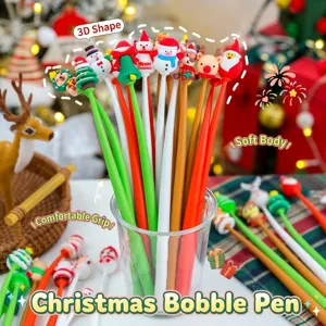 Assorted cute cartoon Christmas silicone gel pens with 3D festive characters in a glass cup