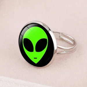 Cartoon Green Alien Time Gemstone Open Adjustable Ring Iron Glass Creative Fashion Jewelry Kids Finger Ring Gift