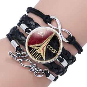 Multi-layer leather bracelet with Soviet CCCP glass dome pendant and love charm fashion jewelry