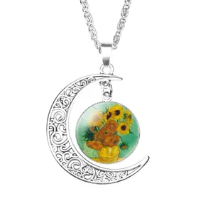 Exquisite detail of Van Gogh Sunflowers painting inside a silver filigree crescent moon necklace
